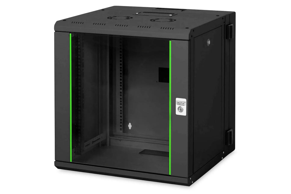 12U wandkast, Unique, 600x600x643 mm dubbel sectie, zwenkbaar, zwart (RAL 9005) - Networkdiscount.com