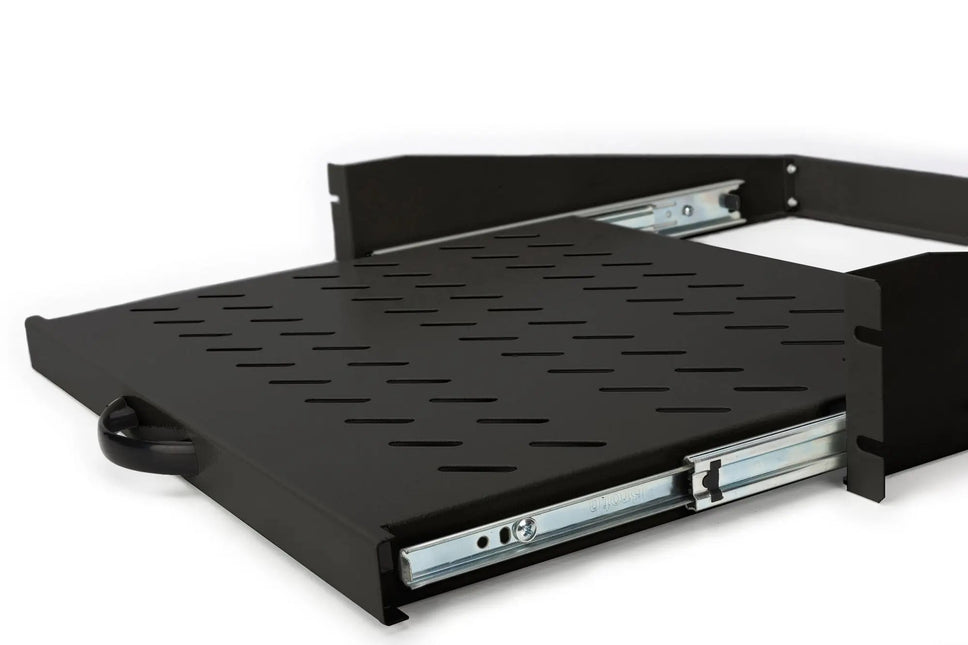 19Inch 2U uitschuifbaar legbord voor kasten vanaf 450 mm diepte 88x483x352 mm, tot 30 kg, zwart (RAL 9005) - Networkdiscount.com