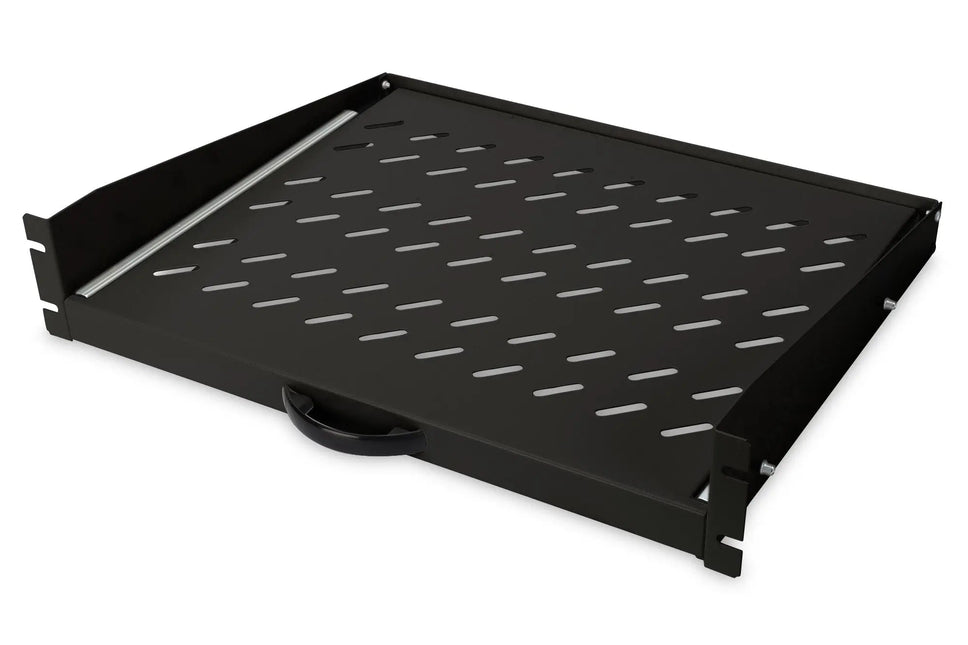 19Inch 2U uitschuifbaar legbord voor kasten vanaf 450 mm diepte 88x483x352 mm, tot 30 kg, zwart (RAL 9005) - Networkdiscount.com