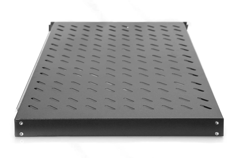 1U uitschuifbaar legbord voor 1000 mm diepe rekken 44x483x720 mm, tot 65 kg, zwart (RAL 9005) Uittrekbaar, met stuur - Networkdiscount.com