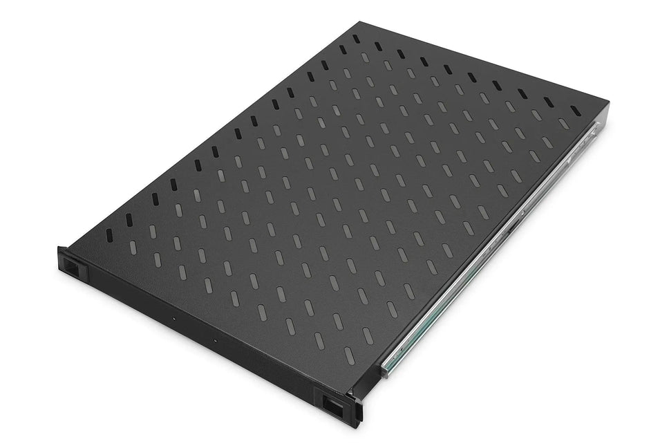 1U uitschuifbaar legbord voor 1000 mm diepe rekken 44x483x720 mm, tot 65 kg, zwart (RAL 9005) Uittrekbaar, met stuur - Networkdiscount.com