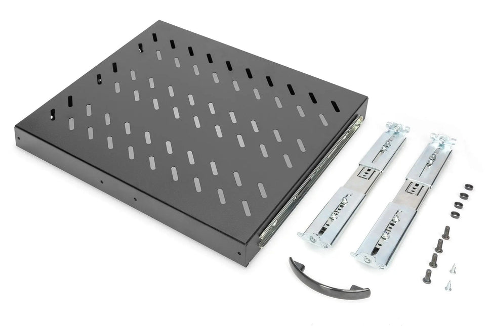 1U uitschuifbaar legbord voor 600 mm diepe rekken 40x485x368 mm, tot 25 kg, zwart (RAL 9005) - Networkdiscount.com