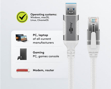 USB-A 3.0 naar RJ45 Ethernet kabel 5M - wit - Networkdiscount.com