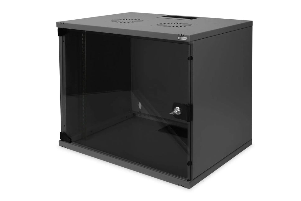 9U wandkast, SoHo, ongemonteerd 540x400x460 mm, glazen frontdeur, zwart (RAL 9005) - Networkdiscount.com