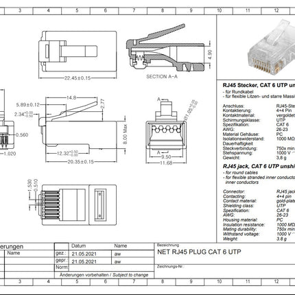 CAT6 Plug RJ45 - UTP 10 pcs