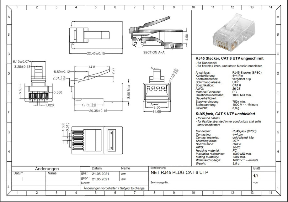 CAT6 Connector RJ45 - UTP 10 stuks voor soepele en stugge kabel