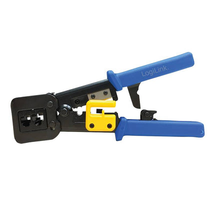 Crimping tool for RJ11, RJ12 and RJ45 plugs, with cutter