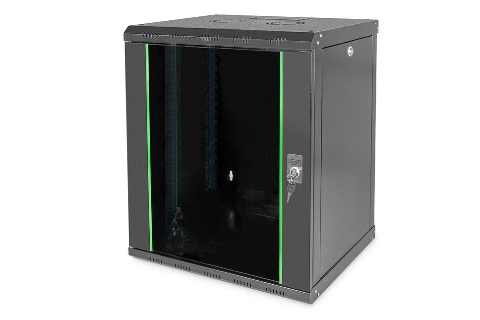 12U wall mounting cabinet, Unique 643x600x450 mm, color black (RAL 9005)