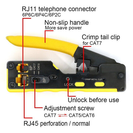 Crimp tool for CAT5e-CAT7 modular plugs