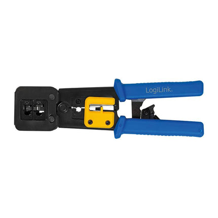 Crimping tool for RJ11, RJ12 and RJ45 plugs, with cutter