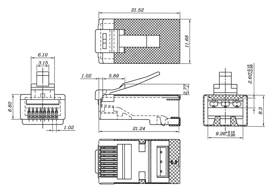 CAT6a Connector met hulpstuk RJ45 - STP 10 stuks voor soepele en stugge kabel