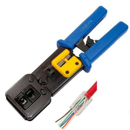 Crimping tool for RJ11, RJ12 and RJ45 plugs, with cutter