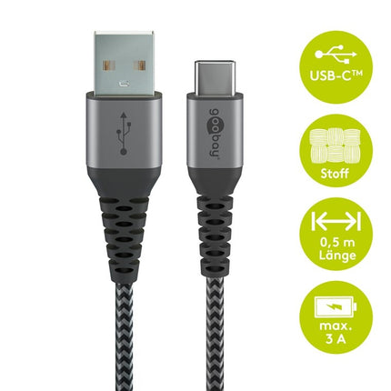 USB-C  to USB-A  0.5M Textile Cable with Metal Plugs