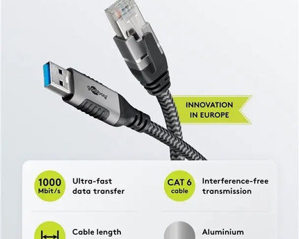 USB - A 3.0 naar RJ45 Ethernet kabel 2M - zwart - Networkdiscount.com