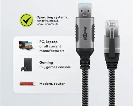 USB - A 3.0 naar RJ45 Ethernet kabel 2M - zwart - Networkdiscount.com